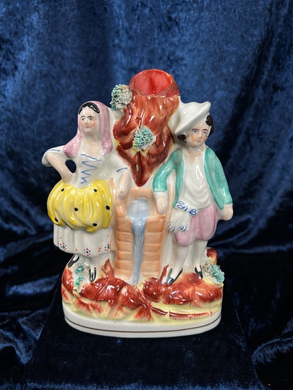 Antique English Victorian Staffordshire Porcelain Spill Vase Couple At The Well